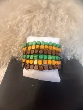 Green, Mustard and Brown Multi-Strand Beaded Wood Bracelet